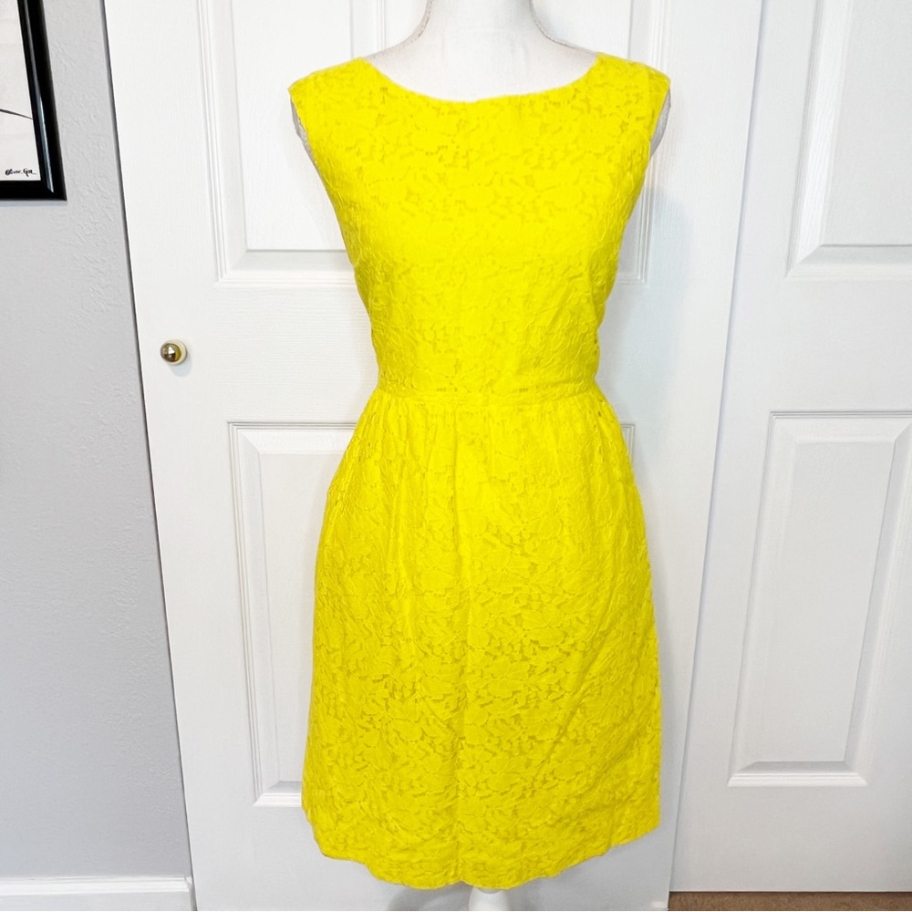 J Crew Yellow Lace Fit $& Flare Dress with Pockets Size 10